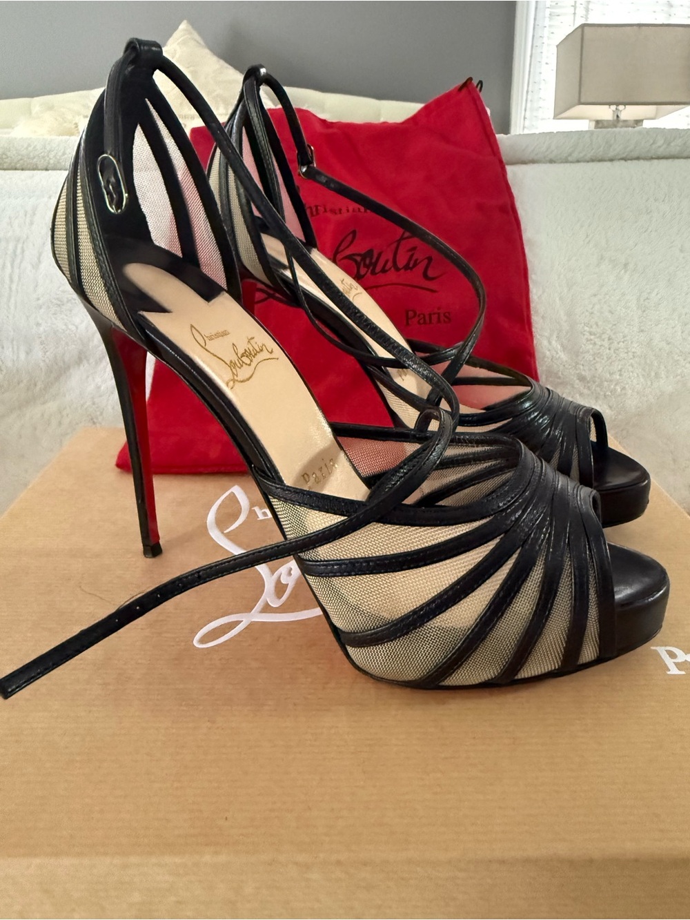 Christian Louboutin Black Mesh Strappy Peep-Toe Stilettos with Red Sole 37 1/2